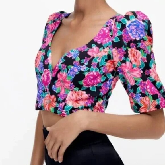 New Zara Floral Print Sweetheart Neckline Short Puff Sleeves Crop Top NWT XS - Picture 8 of 16